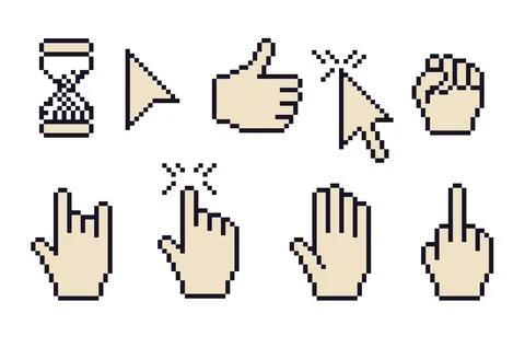 Pixel art retro cursors, hands. 8 bit pointers, arrows and hourglass. Vintage Stockillustratie