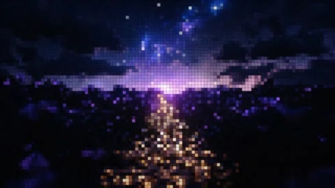 Pixel art retro landscape with starry night sky and glowing horizon Stock Footage 343720843