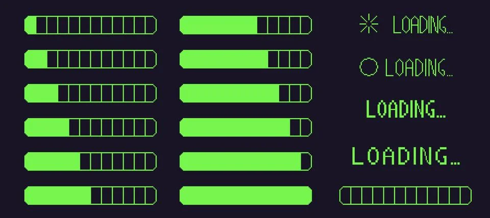 Pixel art retro loading bar interface. 8 bit progress button elements set and 库存插图