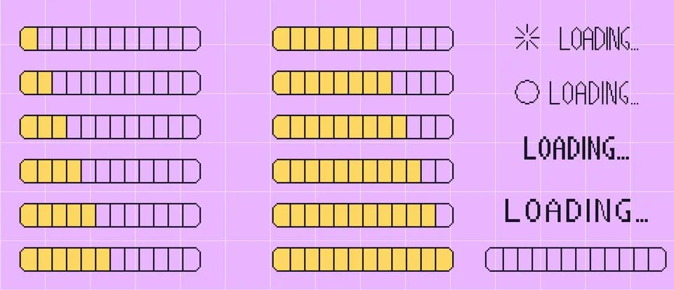 Pixel art retro loading bar interface. 8 bit progress button elements set and Stock Illustration