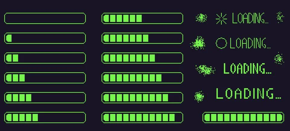 Pixel art retro loading bar interface. 8 bit progress button elements set and Stockillustratie