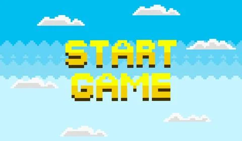 Pixel Art Retro Start Game Screen with 8-bit Clouds and Text Stock Illustration