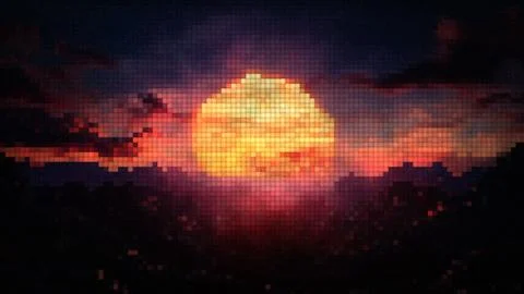 Pixel art retro sunset over mountains digital landscape Stock Illustration