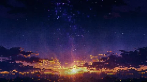Pixel art retro sunset sky with glowing clouds and stars Видео 343153443