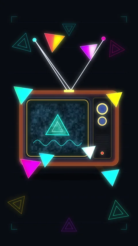 Pixel art retro tv animation glowing triangles neon vintage screen loop Stock Footage 346550979