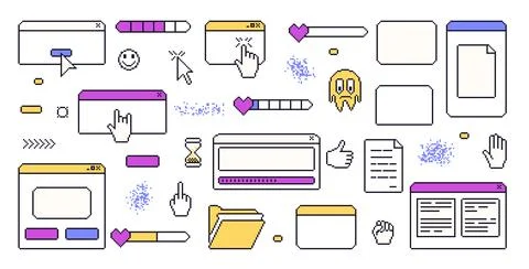 Pixel art retro windows interface. 8 bit text boxes with pointers cursors, arrow Stock Illustration