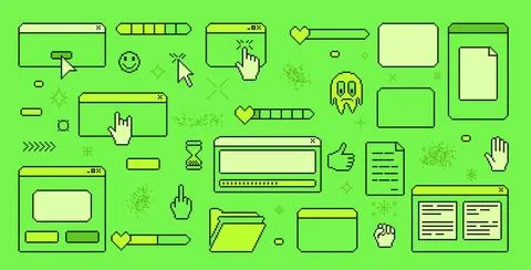 Pixel art retro windows interface. 8 bit text boxes with pointers cursors, arrow Stock Illustration