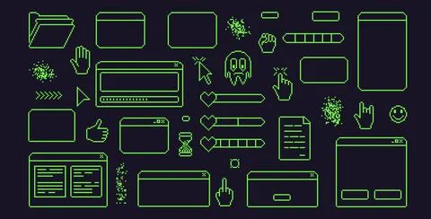 Pixel art retro windows interface. 8 bit text boxes with pointers cursors, arrow Stock Illustration
