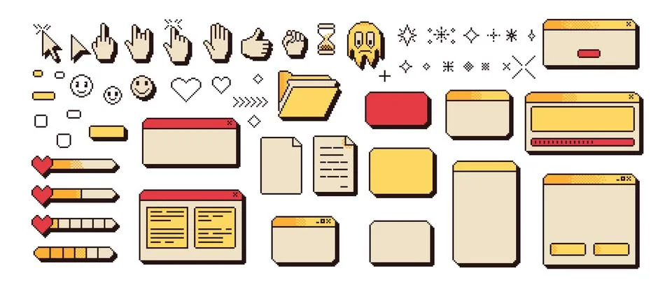 Pixel art retro windows interface. 8 bit popup and browser windows with pointers Stock Illustration
