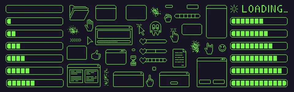Pixel art retro windows interface. 8 bit text boxes with loading, cursors, arrow Stock Illustration