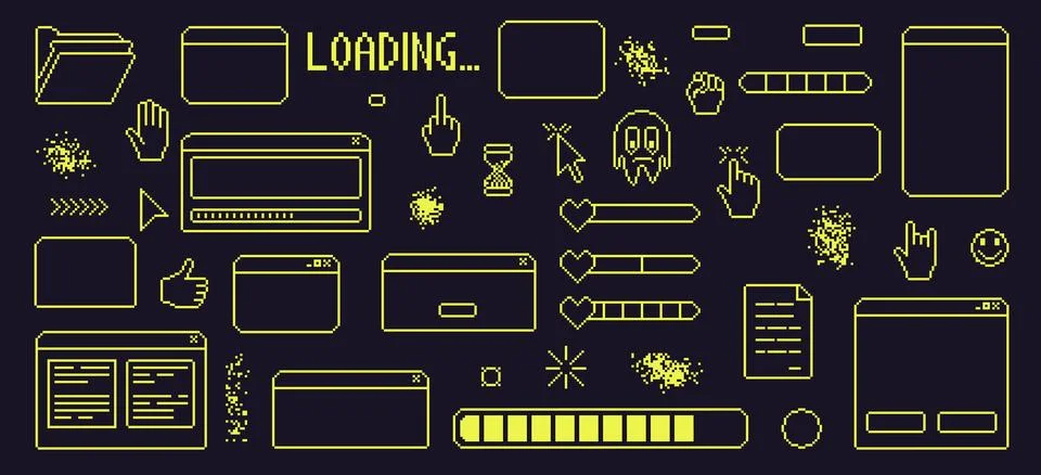 Pixel art retro windows interface. 8 bit text boxes with loading, cursors, arrow Stock Illustration