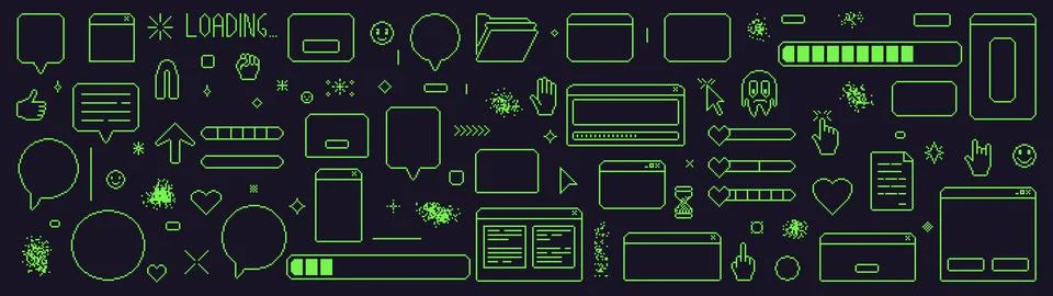 Pixel art retro windows interface. 8 bit text boxes with loading, cursors, arrow 스톡 일러스트