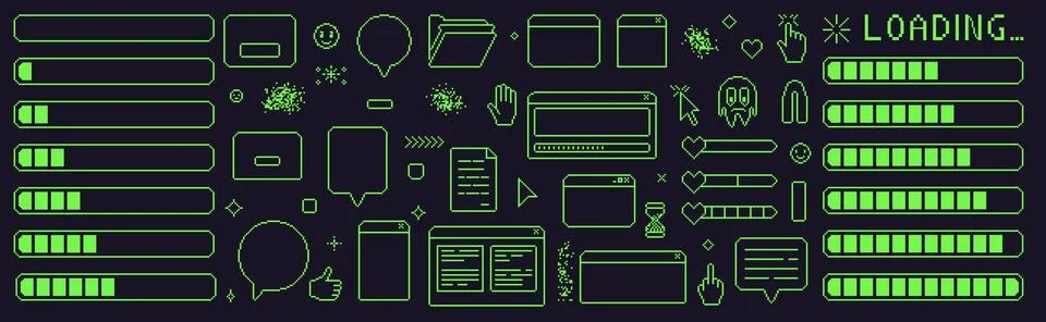 Pixel art retro windows interface. 8 bit text boxes with loading, cursors, arrow 스톡 일러스트