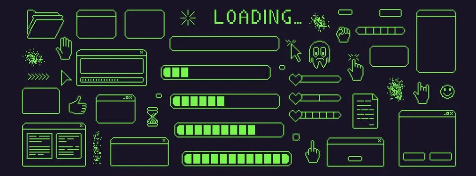 Pixel art retro windows interface. 8 bit text boxes with loading, cursors, arrow Stock Illustration