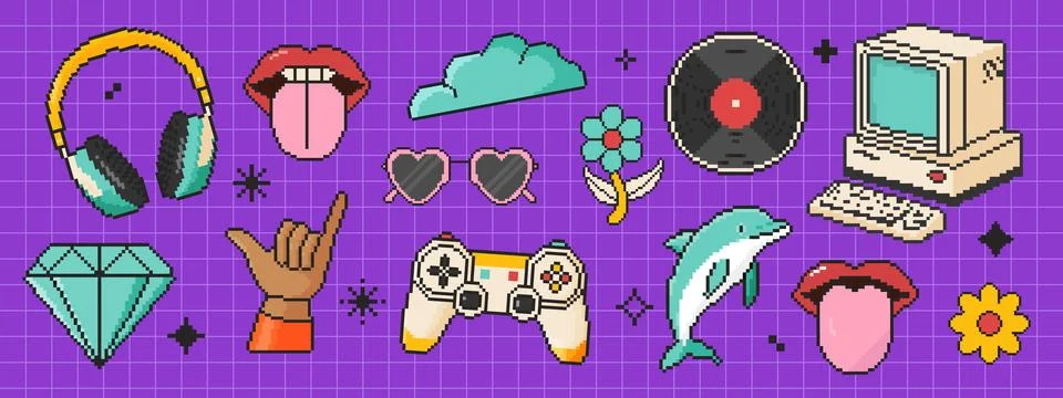 Pixel art retro y2k elements icon set in 8 bit style. Retro 80s,90s video g.. Illustrazione stock