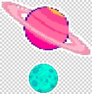 Pixel art ringed planet and cratered moon floating on transparent canvas, space Illustration