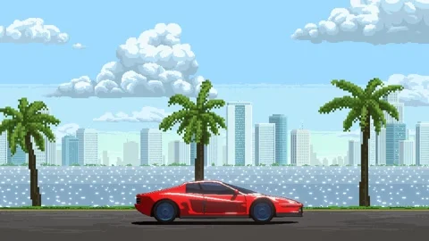 Pixel Art Road at Beach with Red Sports Car Stock Footage 303100550