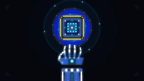 Pixel art robotic hand touching a cybernetic processor chip animation Stock Footage 347250510