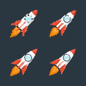 Pixel art rocket with fiery trails, retro games, space-themed designs, apps, or Stock Illustration