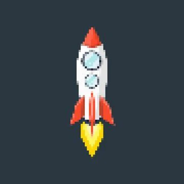 Pixel art rocket with fiery trails, retro games, space-themed designs, apps, or Stock Illustration