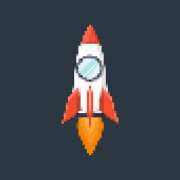 Pixel art rocket with fiery trails, retro games, space-themed designs, apps, or Stock Illustration