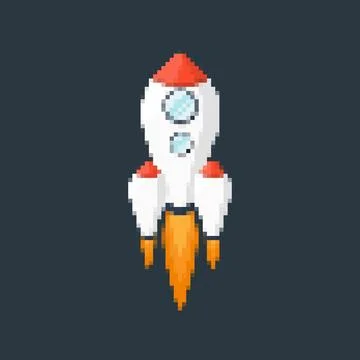 Pixel art rocket with fiery trails, retro games, space-themed designs, apps, or Stock Illustration