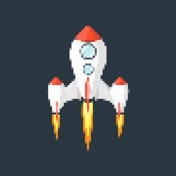Pixel art rocket with fiery trails, retro games, space-themed designs, apps, or Stock Illustration