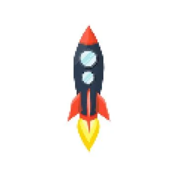 Pixel art rocket with fiery trails, retro games, space-themed designs, apps, or Stock Illustration