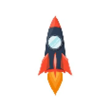 Pixel art rocket with fiery trails, retro games, space-themed designs, apps, or Stock Illustration
