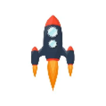 Pixel art rocket with fiery trails, retro games, space-themed designs, apps, or Stock Illustration