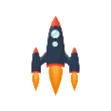 Pixel art rocket with fiery trails, retro games, space-themed designs, apps, or Stock Illustration