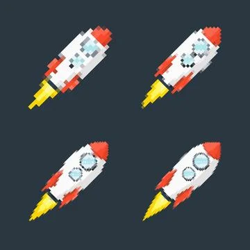 Pixel art rocket with fiery trails, retro games, space-themed designs, apps, or Stock Illustration