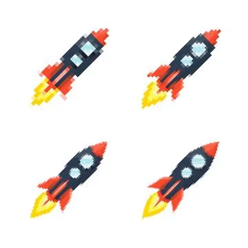 Pixel art rocket with fiery trails, retro games, space-themed designs, apps, or Stock Illustration