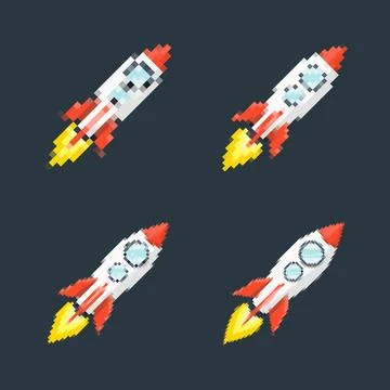 Pixel art rocket with fiery trails, retro games, space-themed designs, apps, or Stock Illustration