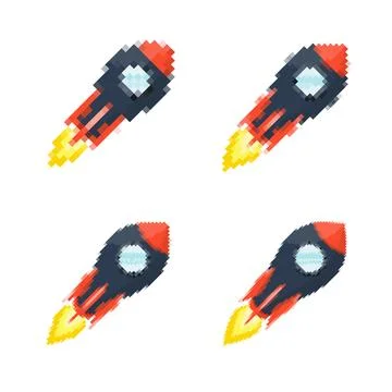 Pixel art rocket with fiery trails, retro games, space-themed designs, apps, or Stock Illustration