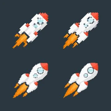 Pixel art rocket with fiery trails, retro games, space-themed designs, apps, or Stock Illustration