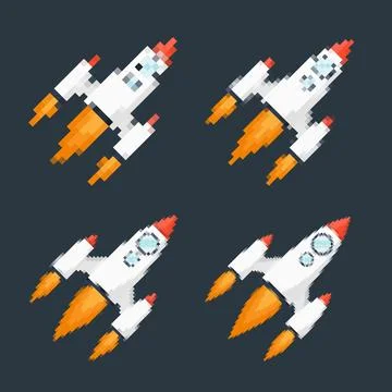 Pixel art rocket with fiery trails, retro games, space-themed designs, apps, or Stock Illustration