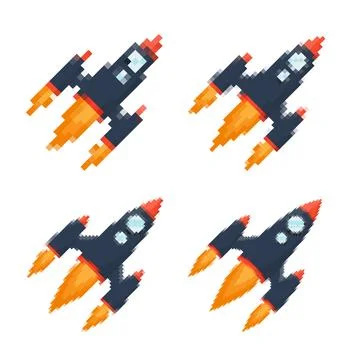 Pixel art rocket with fiery trails, retro games, space-themed designs, apps, or Stock Illustration