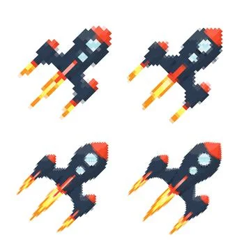 Pixel art rocket with fiery trails, retro games, space-themed designs, apps, or Stock Illustration