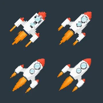 Pixel art rocket with fiery trails, retro games, space-themed designs, apps, or Stock Illustration