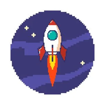 Pixel art rocket icon isolated on white background. Vector illustration Ilustração Stock