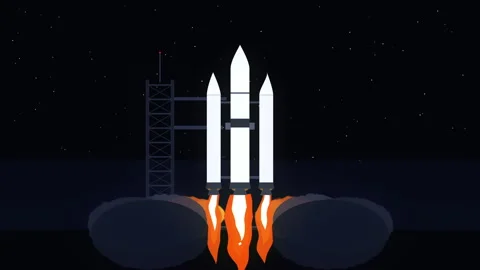 Pixel art rocket launch animation with engine fire and smoke in space Stock Footage 347250564