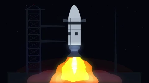 Pixel art rocket launch animation with engine fire, spacecraft lift off Stock Footage 347250567