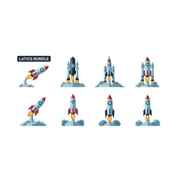 Pixel art rocket launch set. space exploration game sprites collection Stock Illustration
