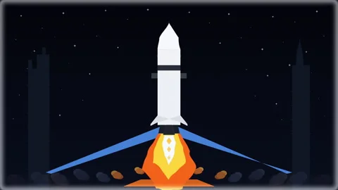 Pixel art rocket launching into a starry night above a city skyline silhouette Stock Footage 347250495