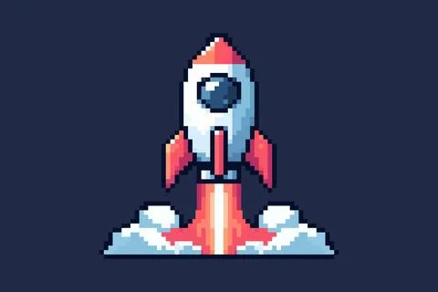 Pixel art of a rocket ship launching into the sky white with red accents an.. Stock Illustration