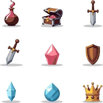 Pixel Art RPG Items include a Potion, Sword, Treasure, Gems, and a Crown for Stock Illustration
