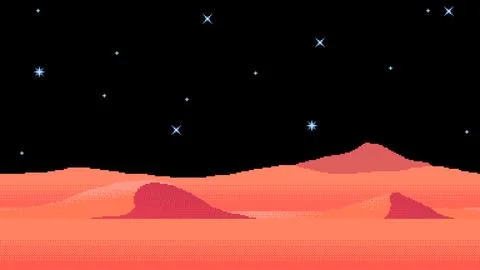 Pixel art sand dunes with starry sky at night. Desert landscape backdrop 库存插图