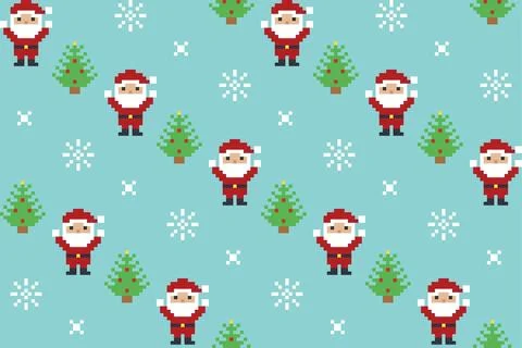Pixel Art Santa Claus With Pine Trees And Snowflake Seamless Christmas Patt.. Stock Illustration