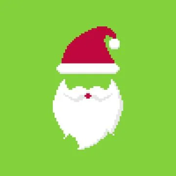 Pixel art Santa head with red hat and long white beard on bright green back.. Stock Illustration